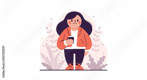 Stylized flat illustration of a person holding a beverage amidst abstract floral elements