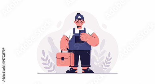 A person in overalls and a cap holds a briefcase and phone, with plants in the background