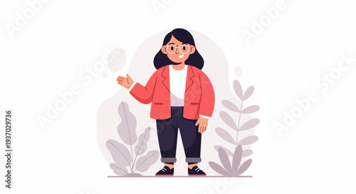 Cartoon character with glasses wearing a coral jacket, presenting with hand gestures amidst decorative plants