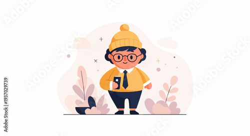 A chubby cartoon character in a yellow hat and shirt, holding a phone, stands among stylized plants
