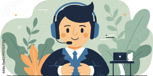 Friendly cartoon operator with headset, laptop, and plants