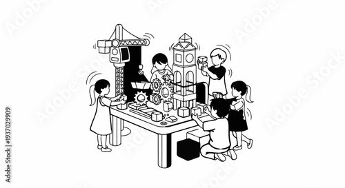 Children building with toys, a crane, and tower blocks