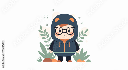 Cute cartoon character in a hoodie with glasses, surrounded by plants and abstract shapes
