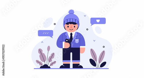 Stylized cartoon person in a blue suit, hat, and tie, holding a phone with chat bubbles