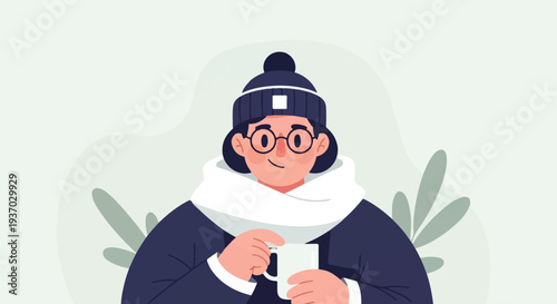 A person in a warm outfit smiles gently, holding a mug