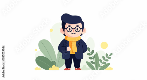 Stylized male character in a jacket and scarf amidst foliage