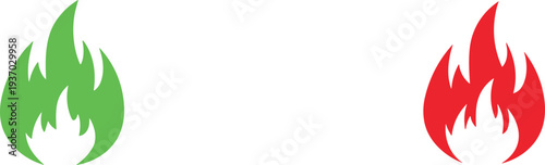 Green and Red Fire Flame Vector Icons Set with Minimalist Flat Design for Heat Energy Warning Hot Deals and Temperature Notification Symbol Elements