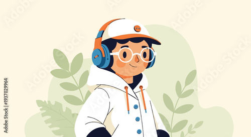 A cheerful, animated character wearing a hoodie, cap, and headphones, amidst greenery