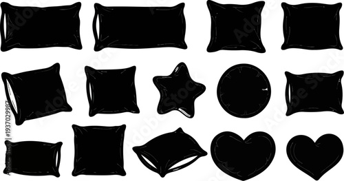 Collection of various black pillows and shapes on white background