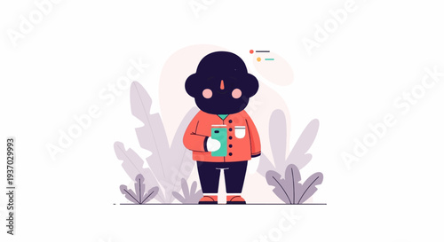 A stylized character with a dark head, rosy cheeks, and orange jacket, holding a green phone