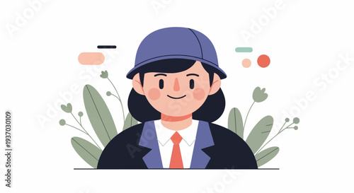 Stylized illustration of a smiling person in a hat, suit, and tie, surrounded by plants