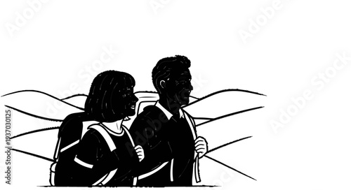 A man and woman with backpacks look out at rolling hills