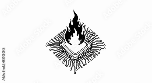 Microchip on fire, digital circuit lines radiating outwards