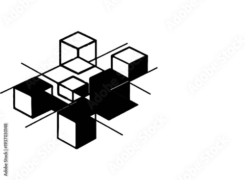 Abstract 3D arrangement of intersecting cubes and lines