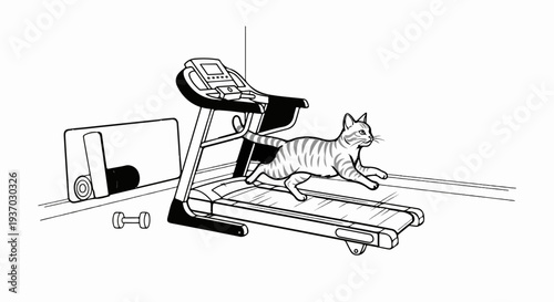 A striped cat runs on a treadmill next to a dumbbell and mat