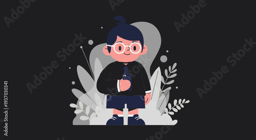 Whimsical cartoon character in black attire and round glasses, holding a phone