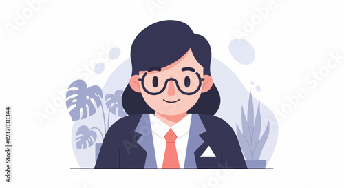 A woman in a suit with glasses and a tie, surrounded by stylized plants