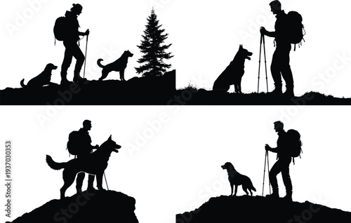 Hiking silhouette with dogs, outdoor adventure vector illustration, human and pet companionship, trekking nature scene, mountain exploration artwork, wilderness journey design