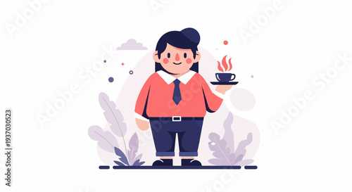 A person in formal attire holds a steaming cup of coffee on a saucer