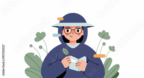 Cheerful person in blue hoodie and glasses reads a book surrounded by green foliage