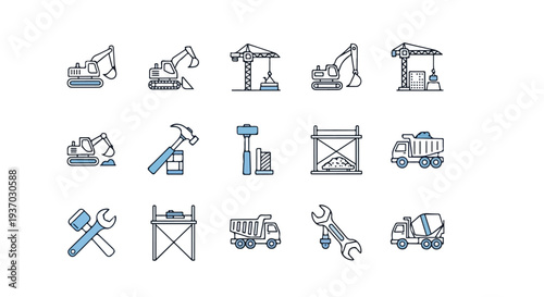 A comprehensive vector collection of line art icons depicting various construction vehicles, tools, and industrial equipment.