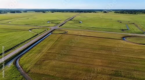 Aerial View of a Farm Landscape with Roads and Canals on a Sunny Day