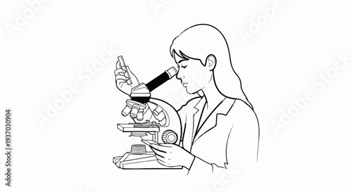 A scientist in a lab coat examines a specimen under a microscope