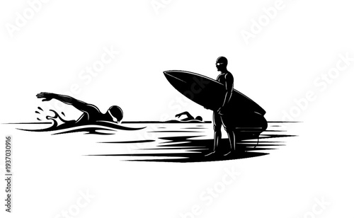 Silhouettes of swimmers and a surfer in black and white