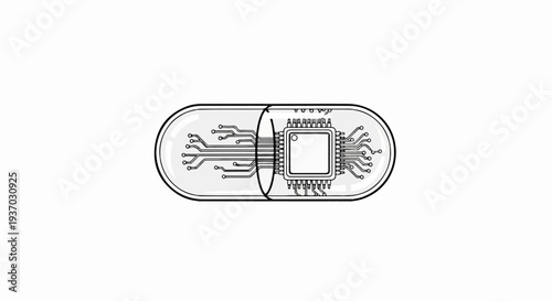 A pill with a microchip and circuit board inside, representing medical technology
