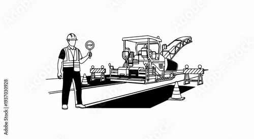 Construction worker directs traffic around road paving machinery and barricades