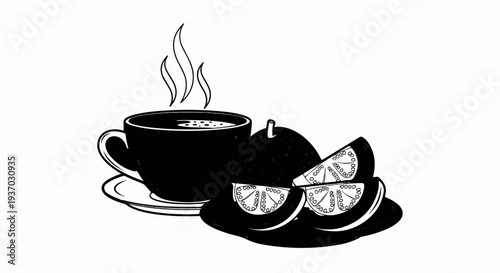 Hot beverage in a cup with citrus fruit slices on a saucer