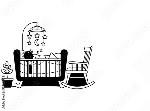 A peaceful nursery scene with a sleeping baby in a crib and a rocking chair