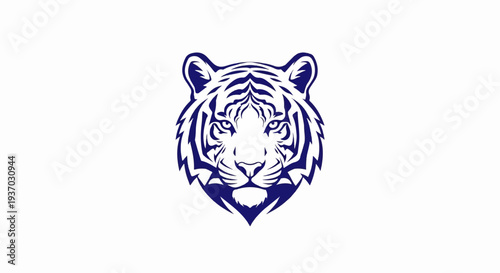 Blue stylized tiger head with striking eyes on white background