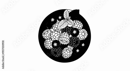 Black and white illustration of a collection of berries and mint leaves