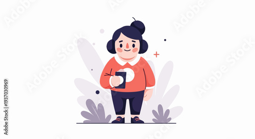 A stylized illustration of a plump person with dark hair in a bun and a red shirt holding a dark rectangular object