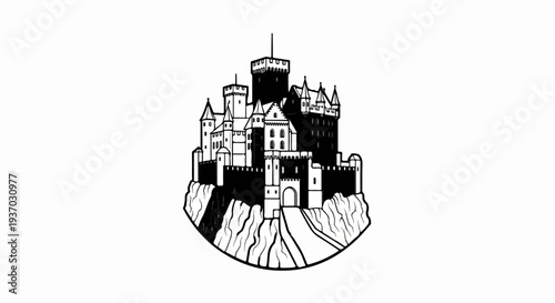 Intricate black and white ink drawing of a majestic castle perched on a rocky cliff