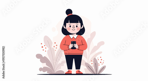 Cartoon girl with black hair in a bun, wearing an orange sweater, holding a smartphone