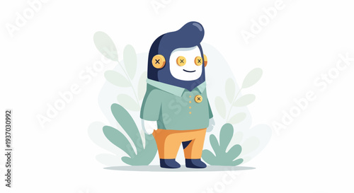A whimsical, cartoon-like character with button eyes and a playful outfit stands against a backdrop of soft, abstract foliage
