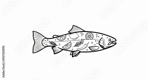 Line art salmon filled with citrus, herbs, and chili pepper