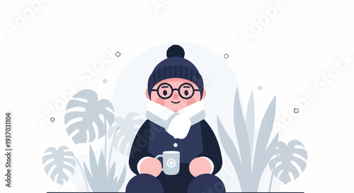 A person in winter attire with a warm drink, surrounded by stylized tropical plants