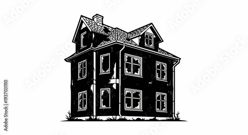 Dilapidated two-story house with broken windows and mossy exterior