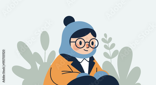Stylized illustration of a person in a blue head covering and orange jacket, smiling