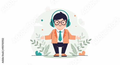 Cheerful individual wearing headphones and a suit, surrounded by nature-inspired graphics