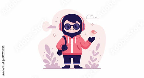 A cheerful, stylized character wearing headphones and glasses, holding a bag, and interacting with nature