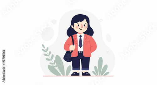 Stylized illustration of a person wearing a blazer, tie, and carrying a bag, with foliage