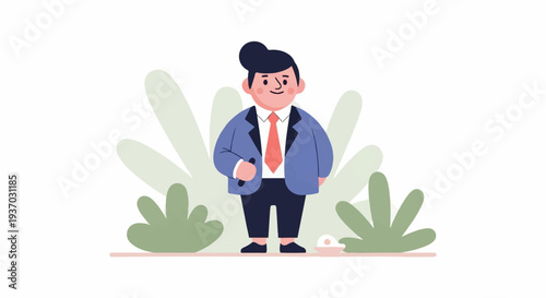 A cheerful, cartoonish businessman in a blue suit and red tie, standing in front of stylized green plants
