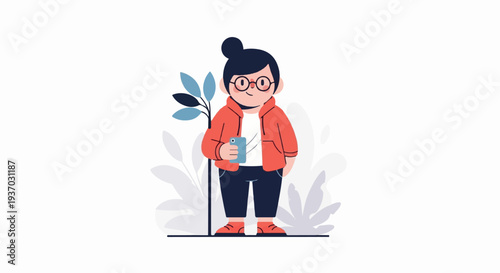 Cartoon character in orange jacket, glasses, and dark pants holds a phone