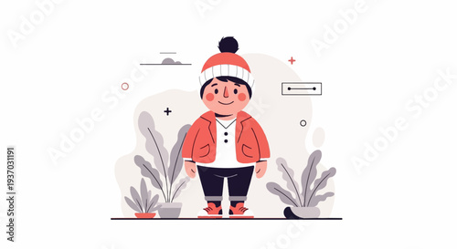 Cheerful child in winter attire stands amidst potted plants and minimalist abstract shapes