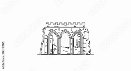 Outline drawing of a damaged Gothic structure with three arched openings