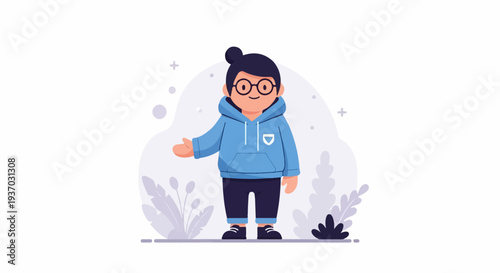 A friendly cartoon character with glasses and a blue hoodie stands casually